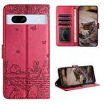 For Google Pixel 7a Cat Embossing Pattern Leather Phone Case with Lanyard(Red)
