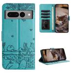 For Google Pixel 7 Pro 5G Cat Embossing Pattern Leather Phone Case with Lanyard(Blue)