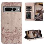 For Google Pixel 7 Pro 5G Cat Embossing Pattern Leather Phone Case with Lanyard(Grey)