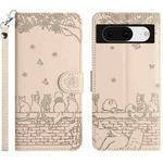 For Google Pixel 8 Cat Embossing Pattern Leather Phone Case with Lanyard(Beige)