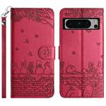 For Google Pixel 8 Pro Cat Embossing Pattern Leather Phone Case with Lanyard(Red)
