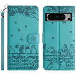 For Google Pixel 8 Pro Cat Embossing Pattern Leather Phone Case with Lanyard(Blue)
