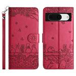 For Google Pixel 8a Cat Embossing Pattern Leather Phone Case with Lanyard(Red)