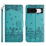 For Google Pixel 8a Cat Embossing Pattern Leather Phone Case with Lanyard(Blue)