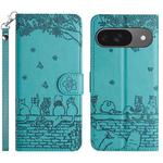 For Google Pixel 9 / 9 Pro Cat Embossing Pattern Leather Phone Case with Lanyard(Blue)