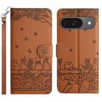 For Google Pixel 9 / 9 Pro Cat Embossing Pattern Leather Phone Case with Lanyard(Brown)