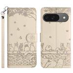 For Google Pixel 9 / 9 Pro Cat Embossing Pattern Leather Phone Case with Lanyard(Beige)