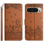 For Google Pixel 9 Pro XL Cat Embossing Pattern Leather Phone Case with Lanyard(Brown)