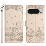 For Google Pixel 9 Pro XL Cat Embossing Pattern Leather Phone Case with Lanyard(Beige)