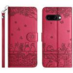 For Google Pixel 9a Cat Embossing Pattern Leather Phone Case with Lanyard(Red)