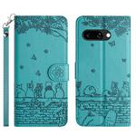 For Google Pixel 9a Cat Embossing Pattern Leather Phone Case with Lanyard(Blue)