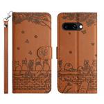 For Google Pixel 9a Cat Embossing Pattern Leather Phone Case with Lanyard(Brown)