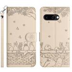 For Google Pixel 9a Cat Embossing Pattern Leather Phone Case with Lanyard(Beige)