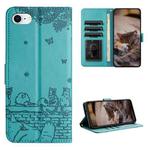 For iPhone 7 / 8 / SE 2020 / SE 2022 Cat Embossing Pattern Leather Phone Case with Lanyard(Blue)