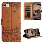 For iPhone 7 / 8 / SE 2020 / SE 2022 Cat Embossing Pattern Leather Phone Case with Lanyard(Brown)