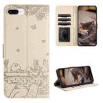 For iPhone 7 Plus / 8 Plus Cat Embossing Pattern Leather Phone Case with Lanyard(Beige)