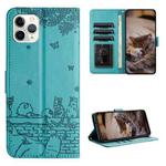 For iPhone 11 Pro Cat Embossing Pattern Leather Phone Case with Lanyard(Blue)