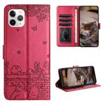 For iPhone 11 Pro Max Cat Embossing Pattern Leather Phone Case with Lanyard(Red)