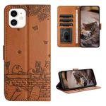 For iPhone 12 mini Cat Embossing Pattern Leather Phone Case with Lanyard(Brown)