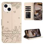 For iPhone 13 Cat Embossing Pattern Leather Phone Case with Lanyard(Beige)