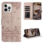 For iPhone 13 Pro Cat Embossing Pattern Leather Phone Case with Lanyard(Grey)