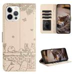 For iPhone 13 Pro Cat Embossing Pattern Leather Phone Case with Lanyard(Beige)