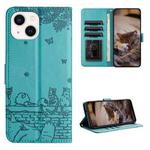 For iPhone 15 Cat Embossing Pattern Leather Phone Case with Lanyard(Blue)