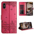 For iPhone X Cat Embossing Pattern Leather Phone Case with Lanyard(Red)