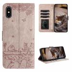 For iPhone XS Max Cat Embossing Pattern Leather Phone Case with Lanyard(Grey)