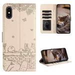 For iPhone XS Max Cat Embossing Pattern Leather Phone Case with Lanyard(Beige)