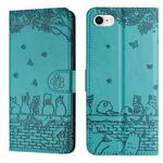 For iPhone SE 2024 Cat Embossing Pattern Leather Phone Case with Lanyard(Blue)