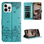 For iPhone 16 Pro Cat Embossing Pattern Leather Phone Case with Lanyard(Blue)