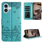 For iPhone 16 Plus Cat Embossing Pattern Leather Phone Case with Lanyard(Blue)