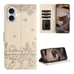 For iPhone 16 Cat Embossing Pattern Leather Phone Case with Lanyard(Beige)