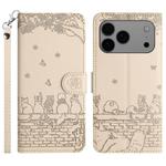 For iPhone 17 Pro Max Cat Embossing Pattern Leather Phone Case with Lanyard(Beige)