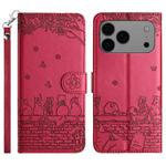 For iPhone 17 Pro Cat Embossing Pattern Leather Phone Case with Lanyard(Red)