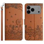 For iPhone 17 Pro Cat Embossing Pattern Leather Phone Case with Lanyard(Brown)