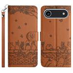 For iPhone 17 Air Cat Embossing Pattern Leather Phone Case with Lanyard(Brown)