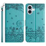 For iPhone 17 Cat Embossing Pattern Leather Phone Case with Lanyard(Blue)