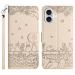 For iPhone 17 Cat Embossing Pattern Leather Phone Case with Lanyard(Beige)