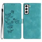 For Samsung Galaxy S22 5G Flower Butterfly Embossing Pattern Leather Phone Case(Sky Blue)