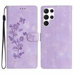 For Samsung Galaxy S22 Ultra 5G Flower Butterfly Embossing Pattern Leather Phone Case(Purple)