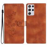 For Samsung Galaxy S21 Ultra 5G Flower Butterfly Embossing Pattern Leather Phone Case(Brown)