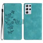 For Samsung Galaxy S21 Ultra 5G Flower Butterfly Embossing Pattern Leather Phone Case(Sky Blue)