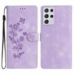 For Samsung Galaxy S21 Ultra 5G Flower Butterfly Embossing Pattern Leather Phone Case(Purple)