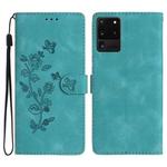 For Samsung Galaxy S20 Ultra Flower Butterfly Embossing Pattern Leather Phone Case(Sky Blue)
