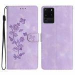 For Samsung Galaxy S20 Ultra Flower Butterfly Embossing Pattern Leather Phone Case(Purple)