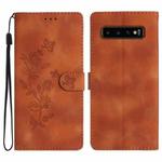 For Samsung Galaxy S10+ Flower Butterfly Embossing Pattern Leather Phone Case(Brown)