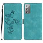 For Samsung Galaxy Note20 Flower Butterfly Embossing Pattern Leather Phone Case(Sky Blue)