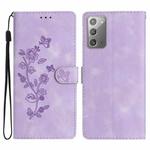 For Samsung Galaxy Note20 Flower Butterfly Embossing Pattern Leather Phone Case(Purple)